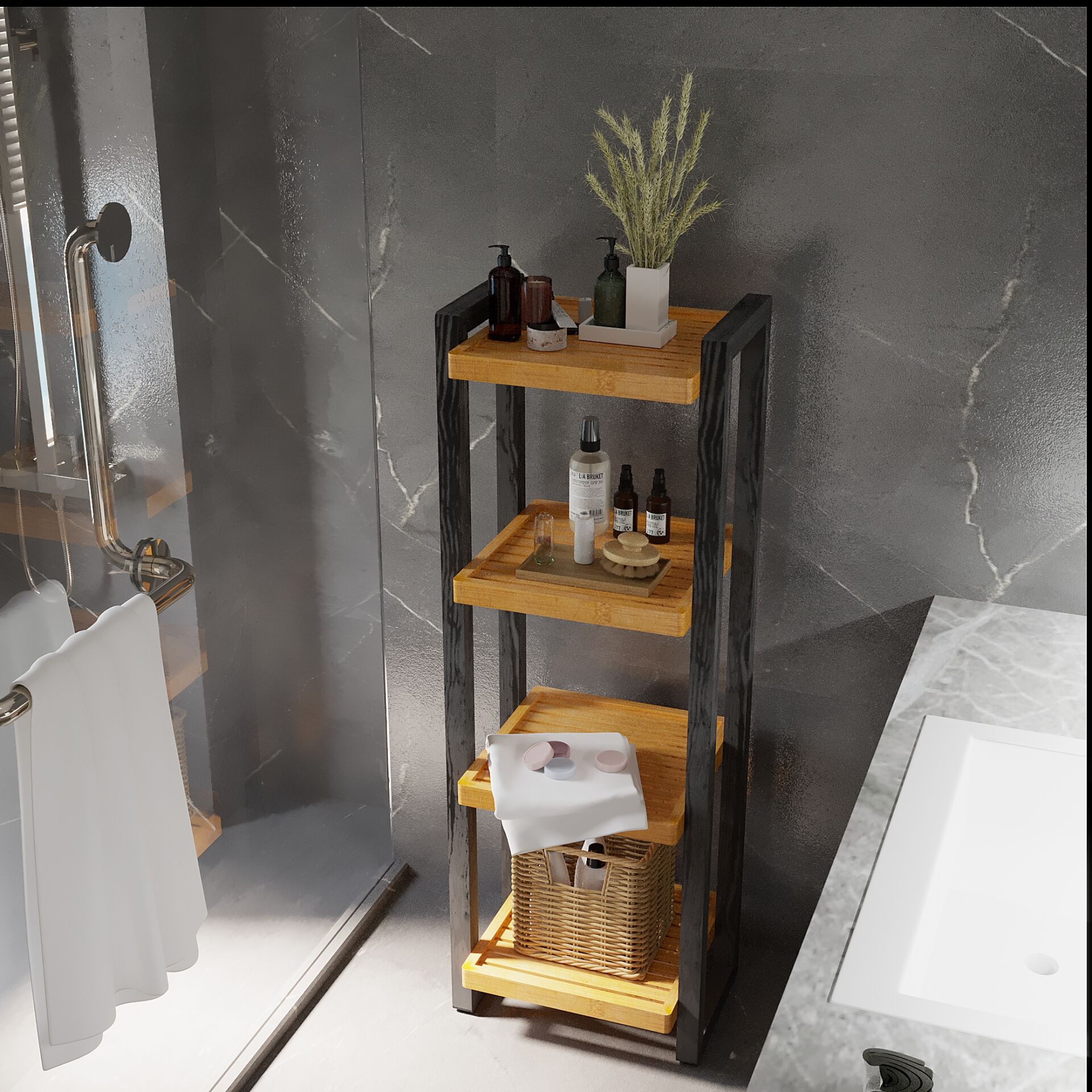 Şiraz 4 Katlı Dekoratif Banyo Rafları,Havlu Düzenleyici, Banyo,Spa Rafları